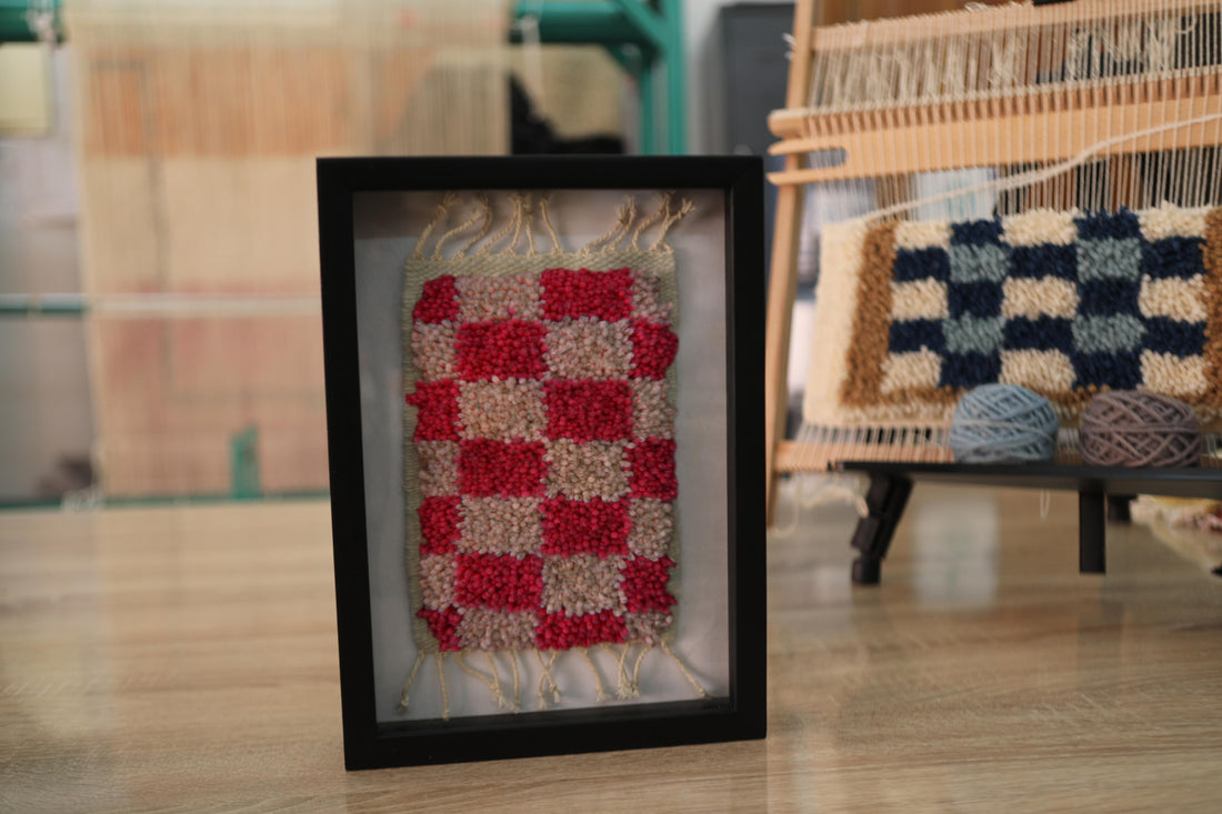 Framed Moroccan Rug Wall Art – Red and Beige Checkered Wool Textile in Shadow Box Frame