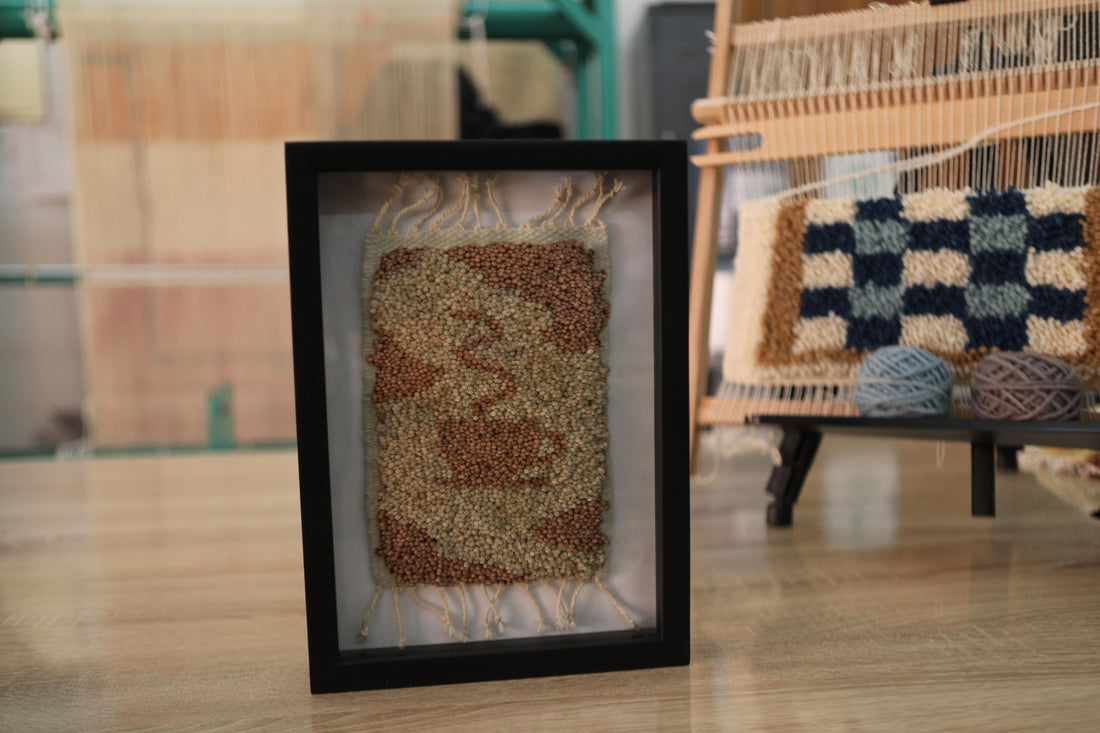 framed moroccan mini rug, abstract wool wall art, hand knotted rug decor, earthy tones textile, knot by knot handmade, soft palette rug art, 25x31 cm wall piece, modern moroccan wall hanging
