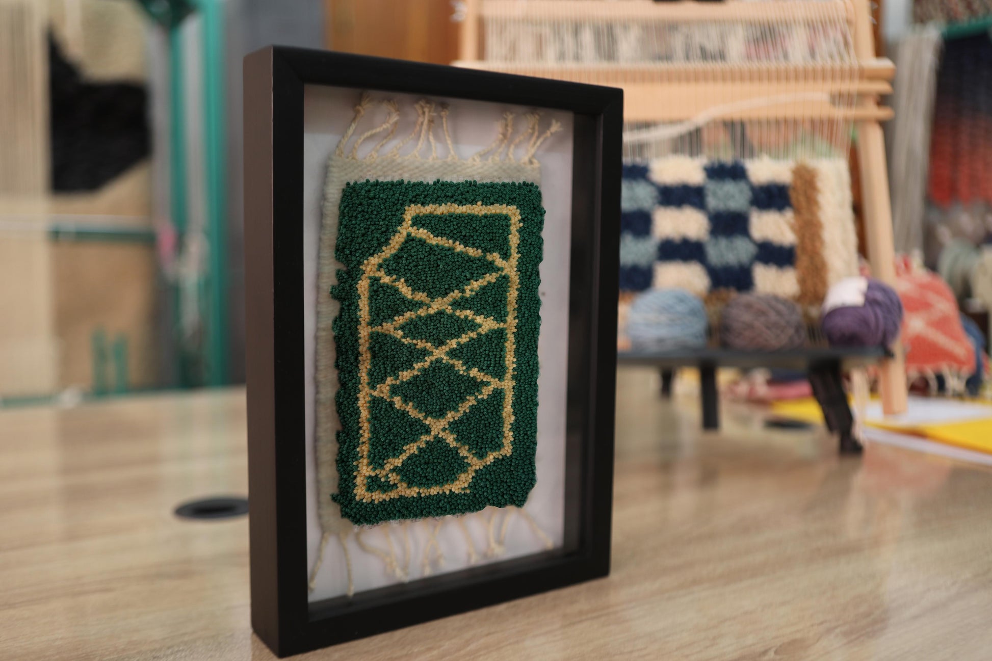 green moroccan rug, framed mini rug, hand-knotted wall art, geometric rug pattern, artisan moroccan decor, mini textile frame, knot by knot rug, boho wall decor, wool tapestry art, moroccan rug gift, 25x31 cm framed rug
