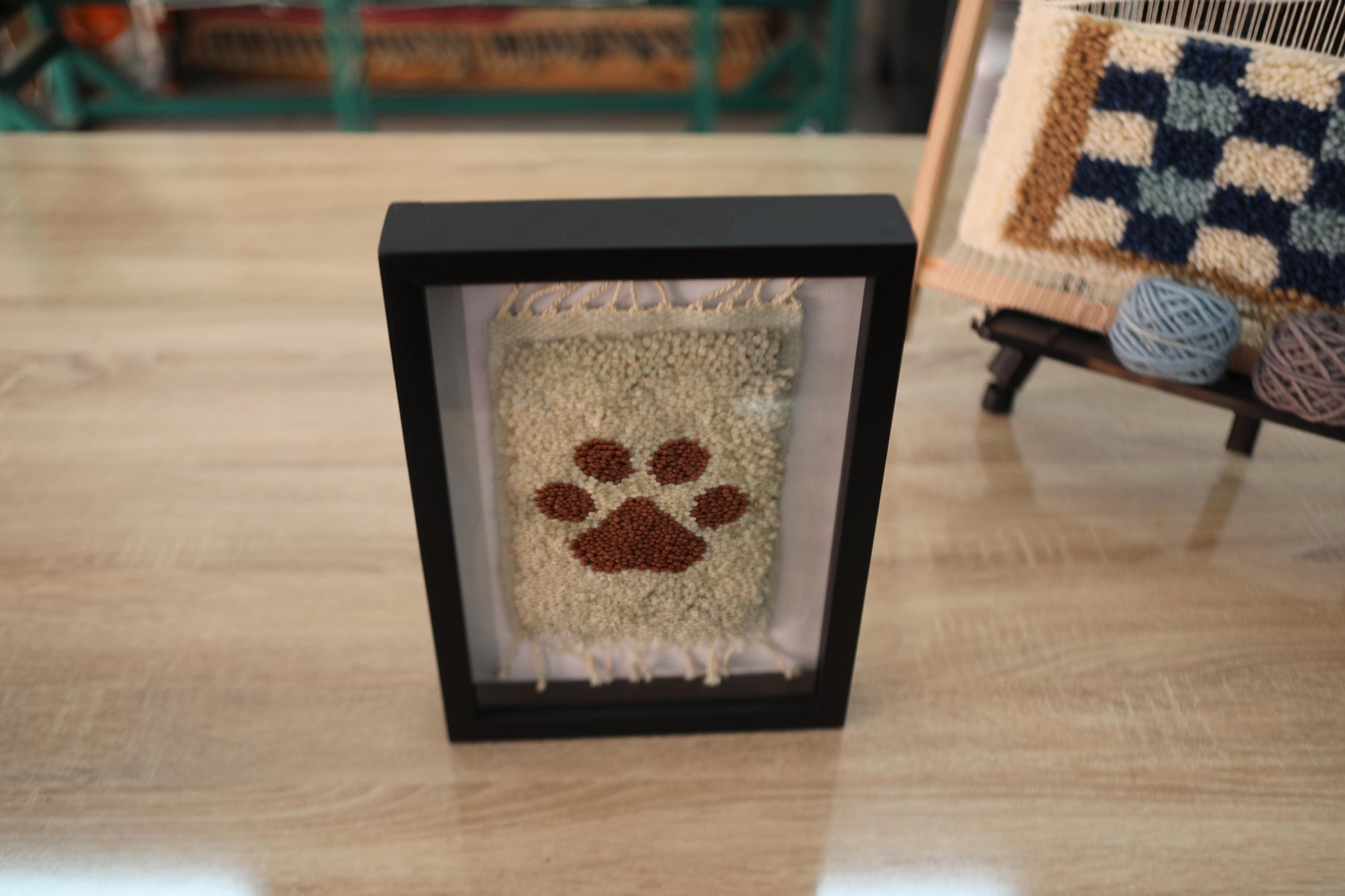 handmade moroccan rug, paw print wall art, dog paw decor, knot by knot rug, framed wool rug, artisan wall hanging, mini moroccan rug, pet memorial art, rustic home decor, 25x31 cm
