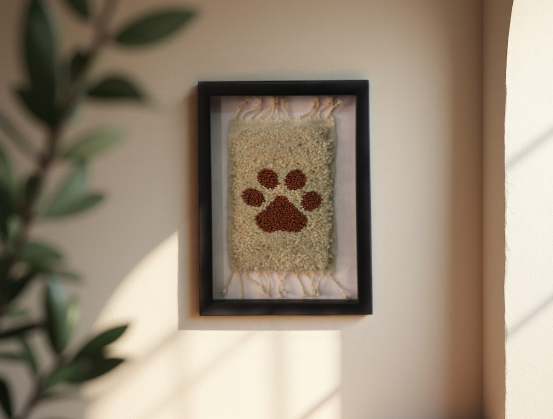 handmade moroccan rug, paw print wall art, dog paw decor, knot by knot rug, framed wool rug, artisan wall hanging, mini moroccan rug, pet memorial art, rustic home decor, 25x31 cm
