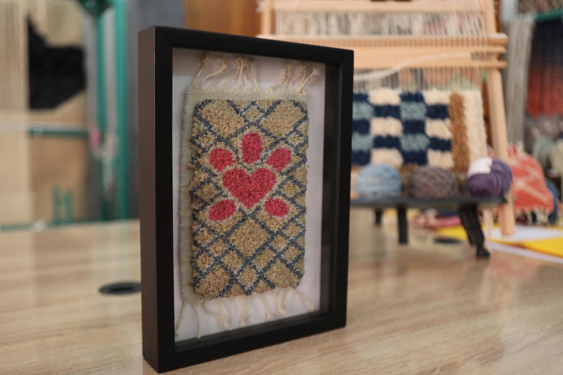 heart petal wall hanging, moroccan rug heart flower, handmade wool rug art, red floral rug decor, framed mini moroccan textile, knot by knot rug, boho wall decor, 25x31 cm
