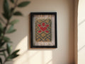 heart petal wall hanging, moroccan rug heart flower, handmade wool rug art, red floral rug decor, framed mini moroccan textile, knot by knot rug, boho wall decor, 25x31 cm
