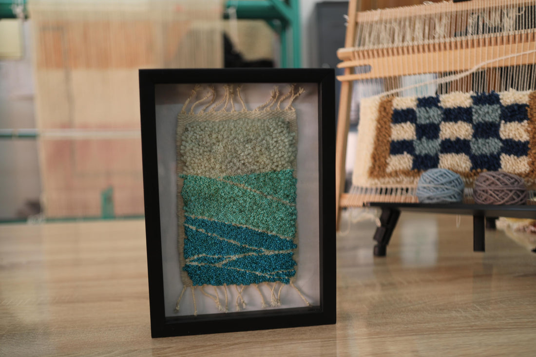 layered horizon rug, moroccan rug, framed wall art, wool wall hanging, sand blue green textile art, moroccan handmade decor, ocean desert rug, knot by knot, artisan wall rug, minimal rug landscape
