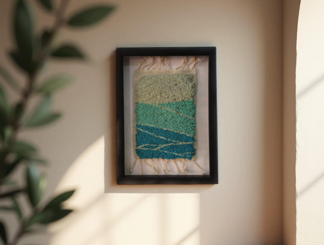 layered horizon rug, moroccan rug, framed wall art, wool wall hanging, sand blue green textile art, moroccan handmade decor, ocean desert rug, knot by knot, artisan wall rug, minimal rug landscape

