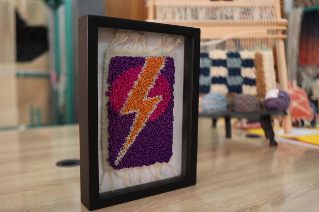 lightning bolt moroccan rug, multicolor wool wall art, orange pink purple decor, framed mini rug, hand-knotted tapestry, knot by knot moroccan textile
