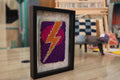 lightning bolt moroccan rug, multicolor wool wall art, orange pink purple decor, framed mini rug, hand-knotted tapestry, knot by knot moroccan textile
