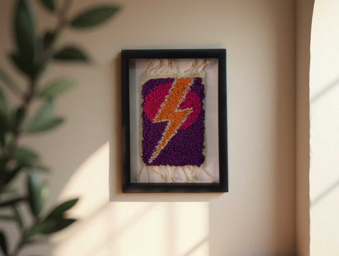 lightning bolt moroccan rug, multicolor wool wall art, orange pink purple decor, framed mini rug, hand-knotted tapestry, knot by knot moroccan textile
