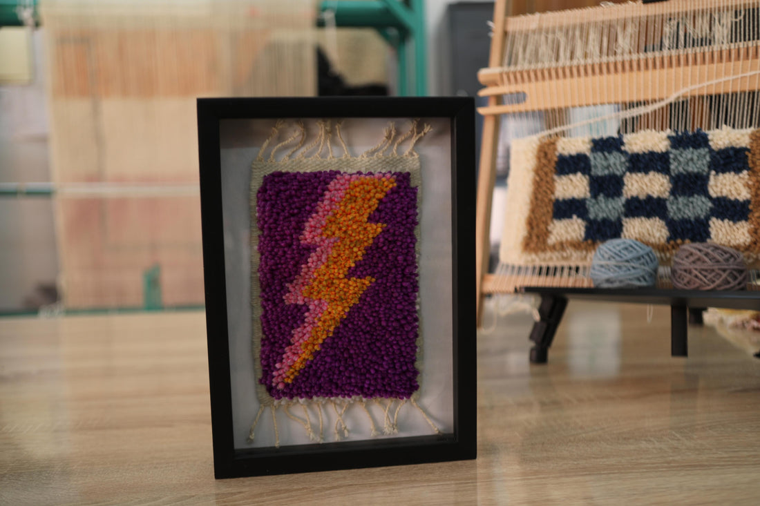 lightning bolt rug wall art, moroccan rug framed, purple and orange rug design, bolt wall decor, hand-knotted textile, bold wool wall art, framed mini moroccan rug, 25x31 cm
