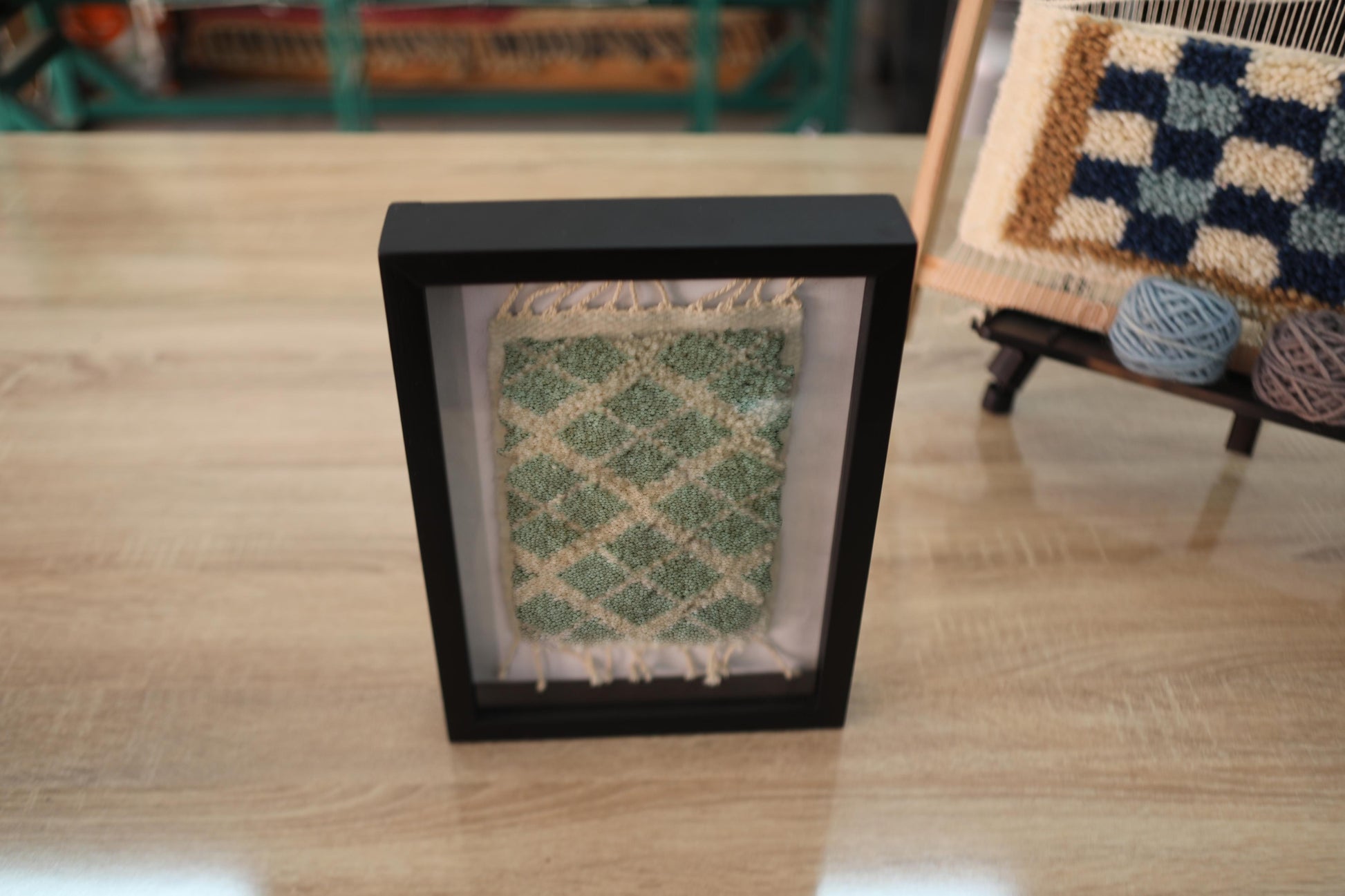 mini moroccan rug, green lattice wool rug, hand-knotted wall art, framed textile decor, knot by knot rug, moroccan home style, artisan wool tapestry, boho chic wall piece, 25x31 cm
