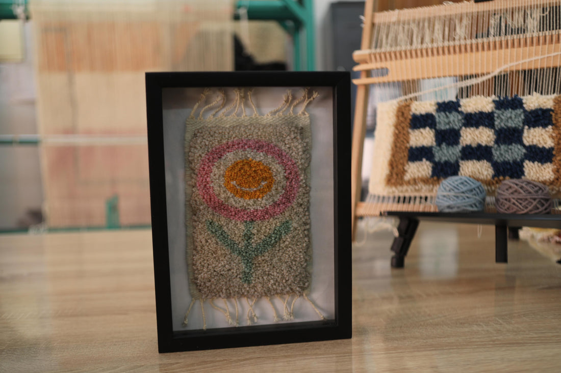 Framed Mini Moroccan Rug Wall Art – Hand-Knotted Flower Design in Warm Tones (25x31 cm)