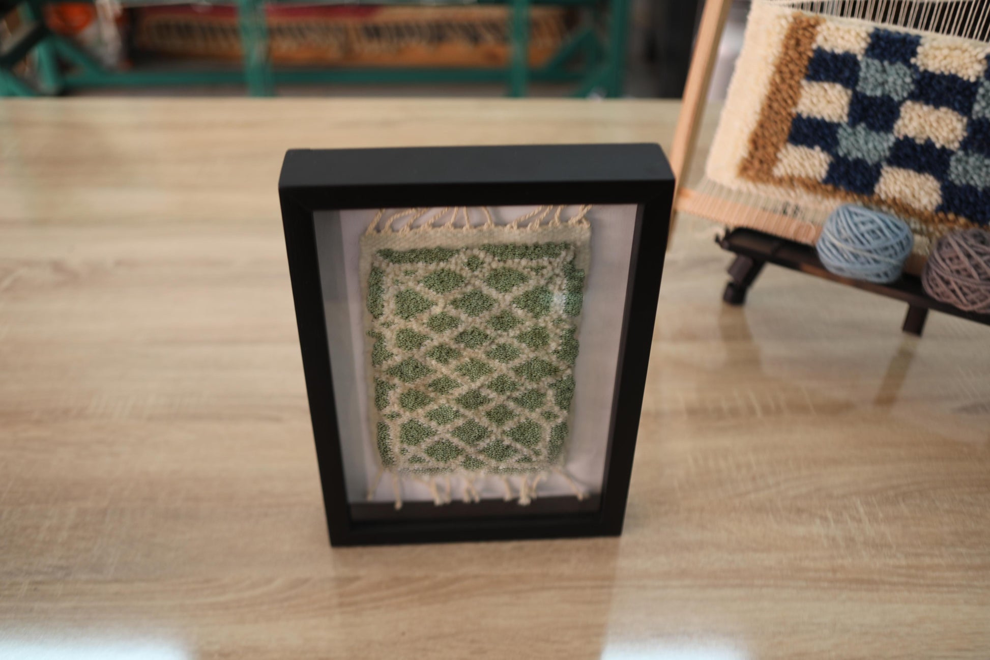 mini moroccan rug, hand-knotted wall art, green diamond rug, berber framed textile, knot by knot handmade, wool decor, 25x31 cm mini rug, moroccan lattice rug, framed rug art, wall decor
