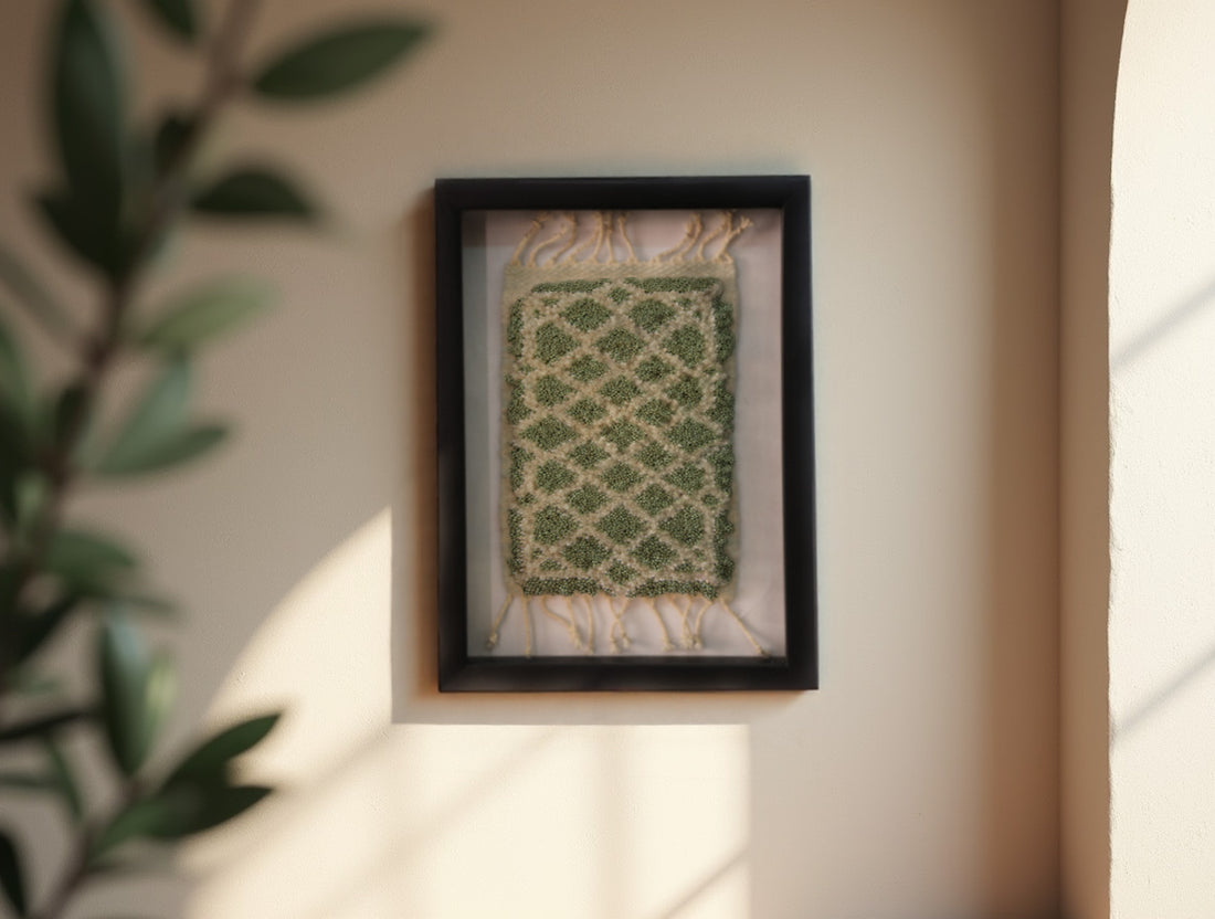 mini moroccan rug, hand-knotted wall art, green diamond rug, berber framed textile, knot by knot handmade, wool decor, 25x31 cm mini rug, moroccan lattice rug, framed rug art, wall decor
