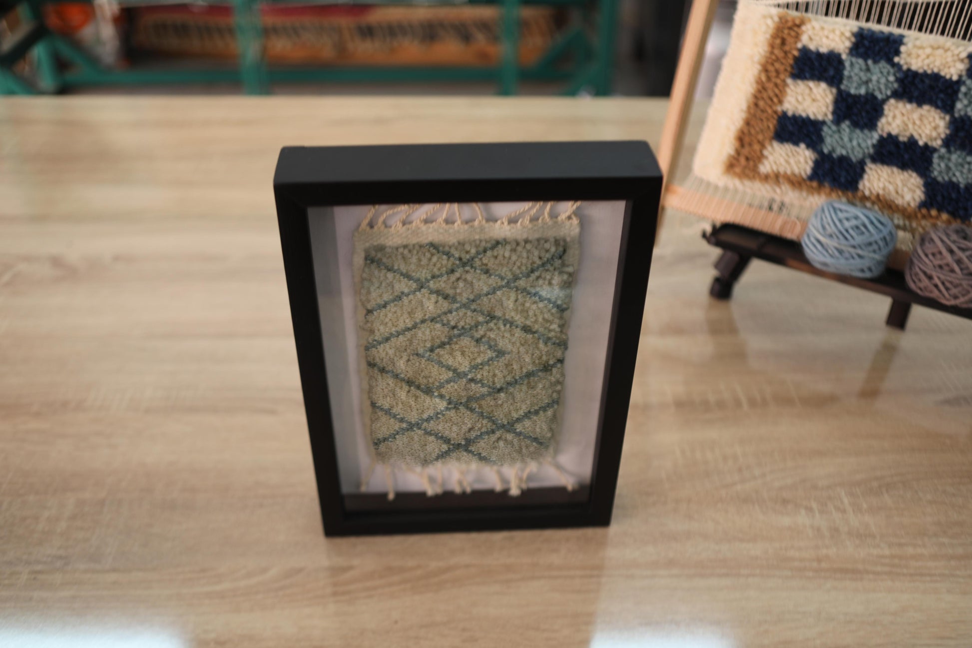 mini moroccan rug wall art, hand-knotted rug, diamond pattern wool rug, framed textile decor, moroccan rug art, boho wall hanging, handmade wool rug, knot by knot rug, neutral wall decor, 25x31 cm rug
