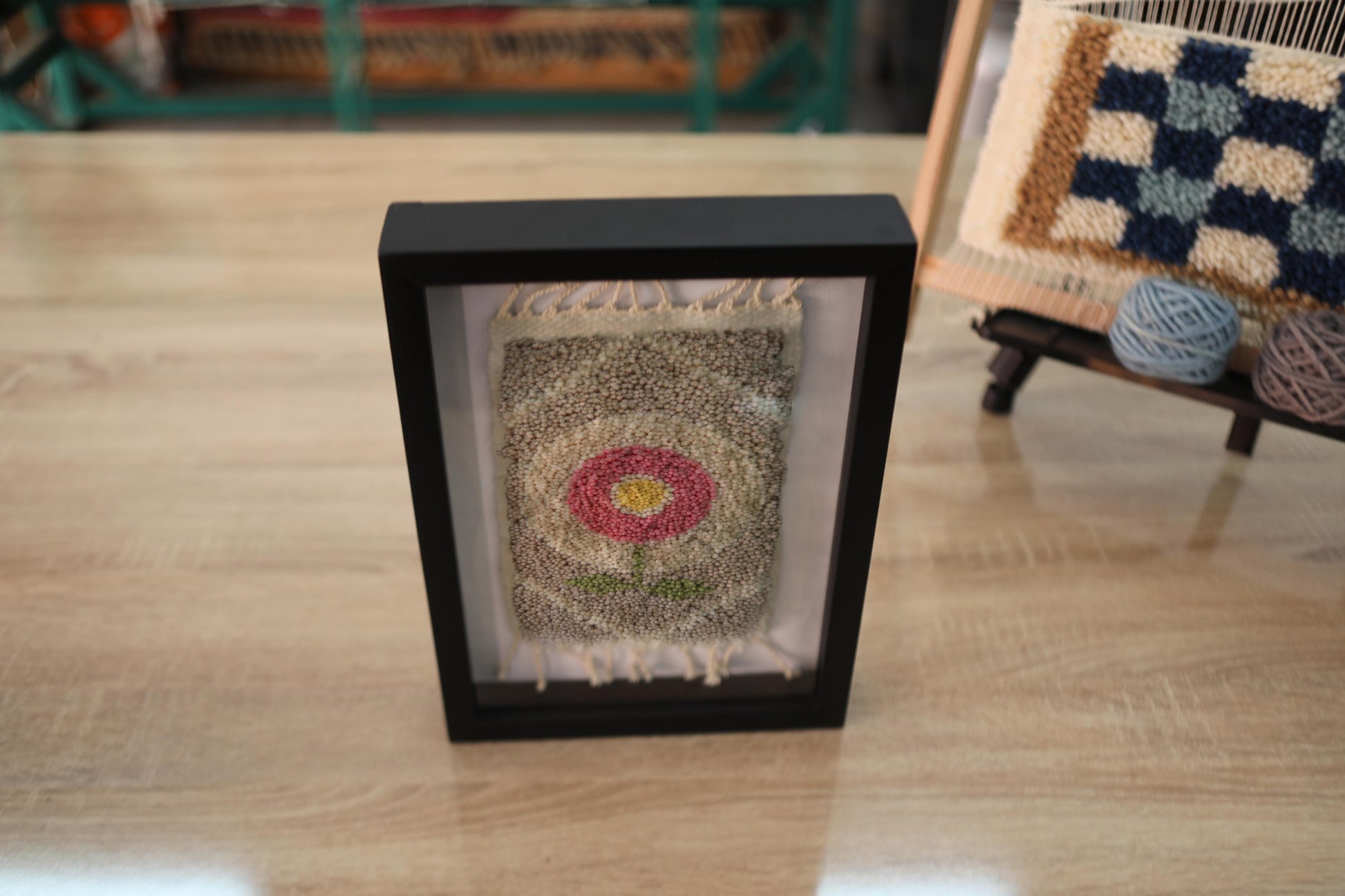 moroccan flower rug, hand-knotted wool mini rug, boho floral wall art, framed moroccan textile, blooming flower wall hanging, knot by knot rug, moroccan rug 25x31 cm, pink yellow green decor, handmade moroccan wool art