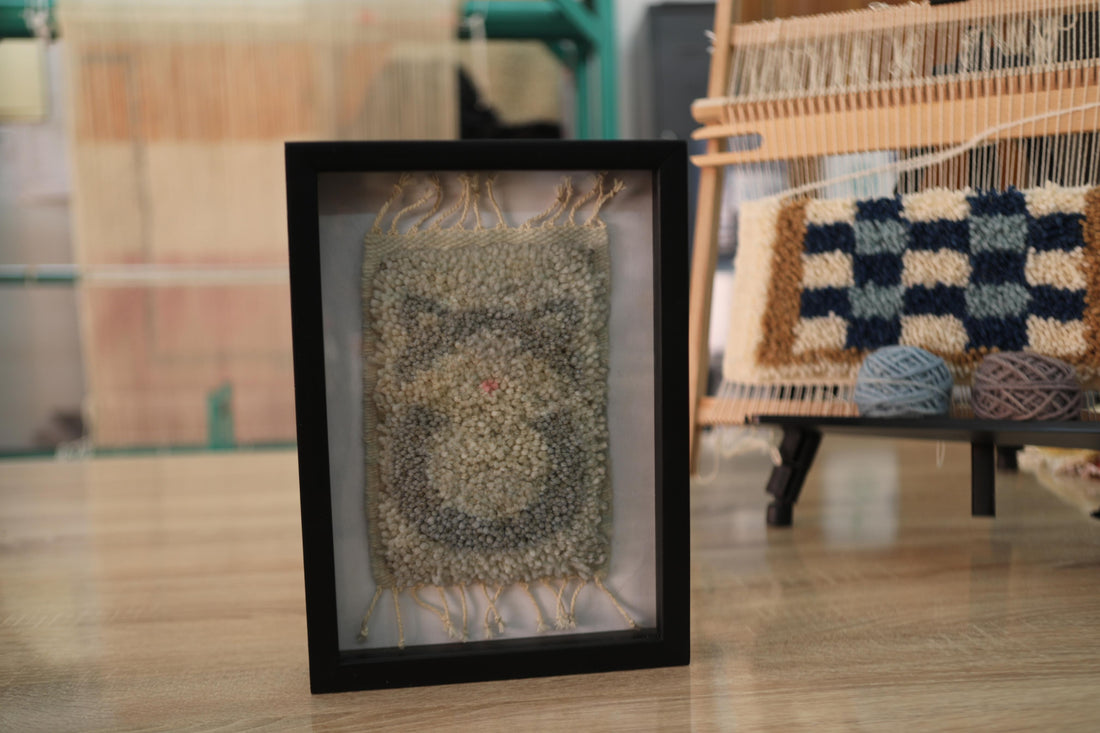 moroccan rug, abstract swirl wall art, mini wool tapestry, knot by knot moroccan rug, hand knotted textile, modern moroccan decor, framed wool art, boho wall hanging, artisan moroccan rug, 25x31 cm wool rug
