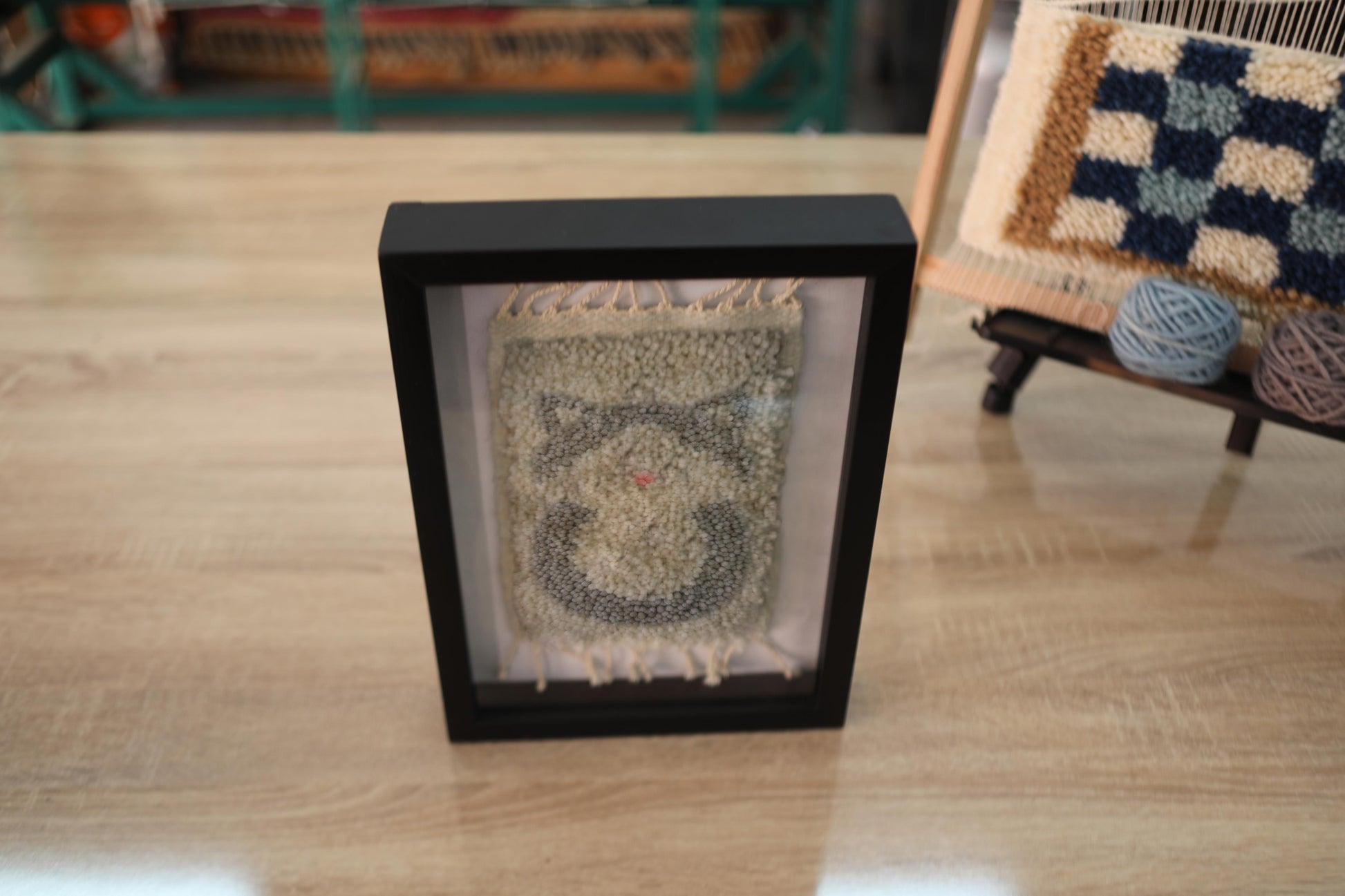 moroccan rug, abstract swirl wall art, mini wool tapestry, knot by knot moroccan rug, hand knotted textile, modern moroccan decor, framed wool art, boho wall hanging, artisan moroccan rug, 25x31 cm wool rug
