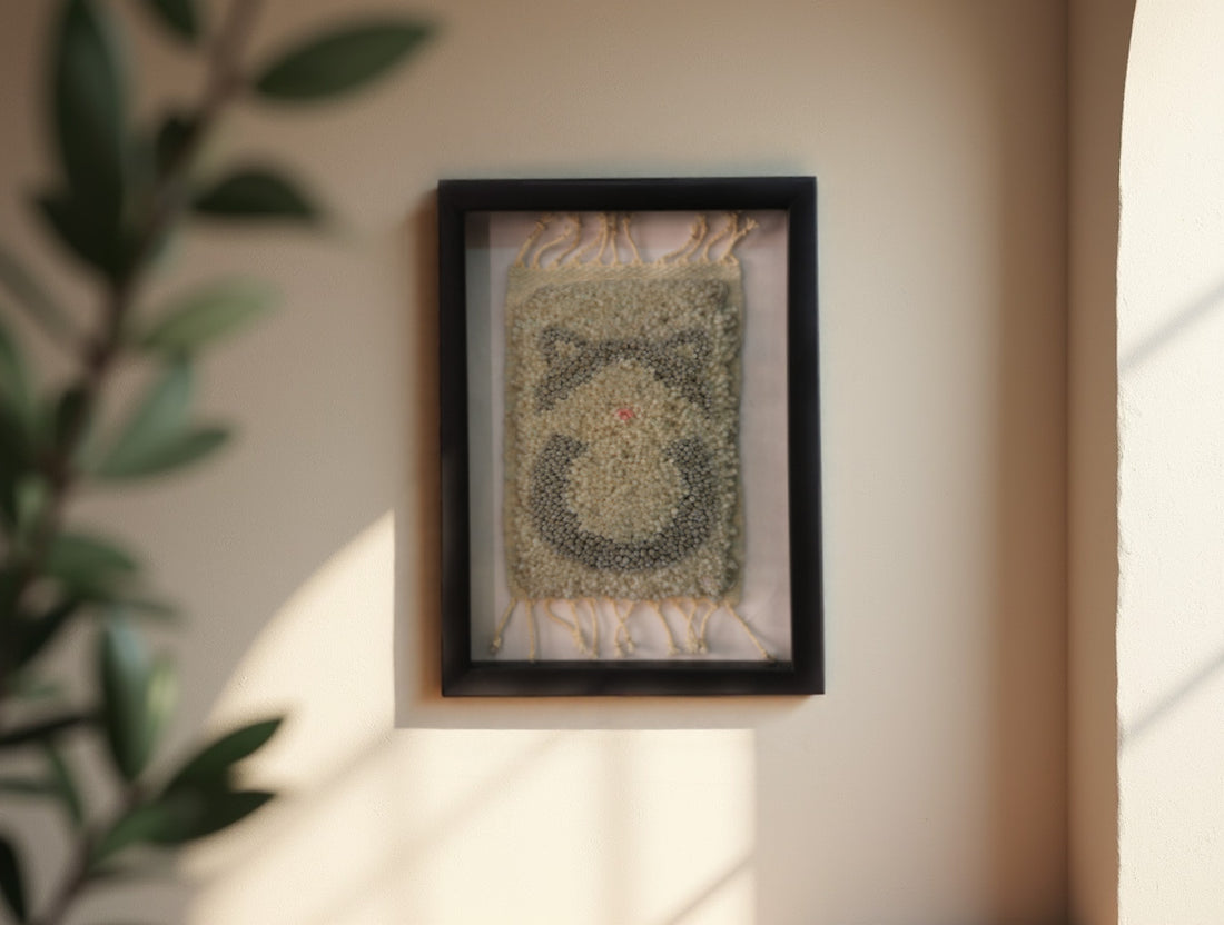 moroccan rug, abstract swirl wall art, mini wool tapestry, knot by knot moroccan rug, hand knotted textile, modern moroccan decor, framed wool art, boho wall hanging, artisan moroccan rug, 25x31 cm wool rug

