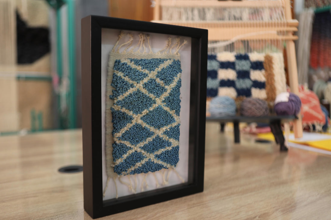 Midnight Atlas – Framed Moroccan Rug Art (25x31 cm, Hand-Knotted Wool Wall Hanging)