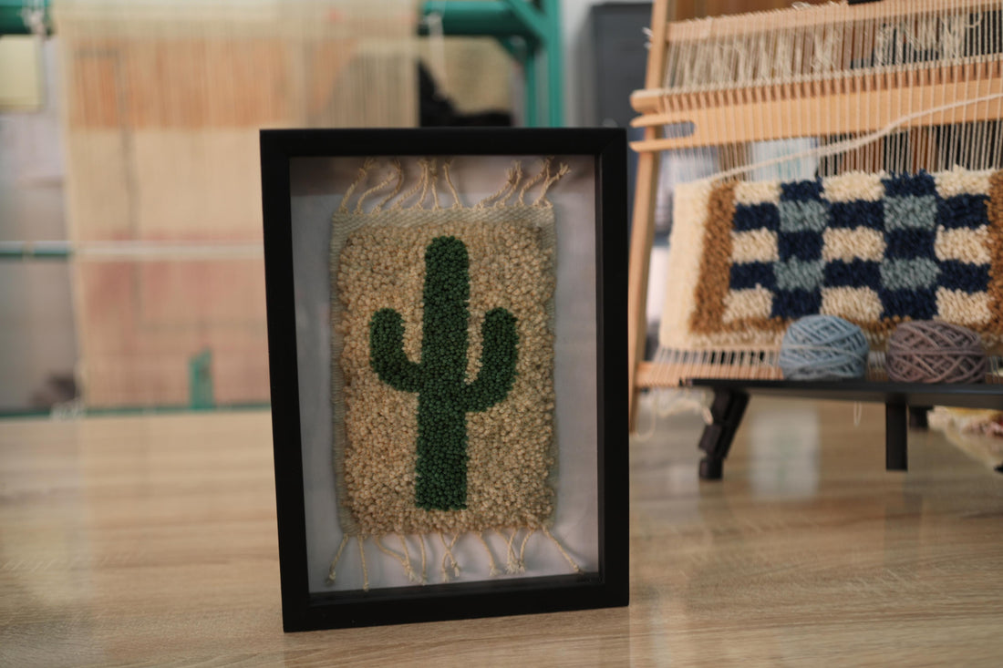 moroccan rug, cactus rug, cactus wall art, hand-knotted wool, beige and green rug, mini framed rug, cactus decor, artisan moroccan textile, bohemian wall art, moroccan knot by knot rug, desert-inspired decor
