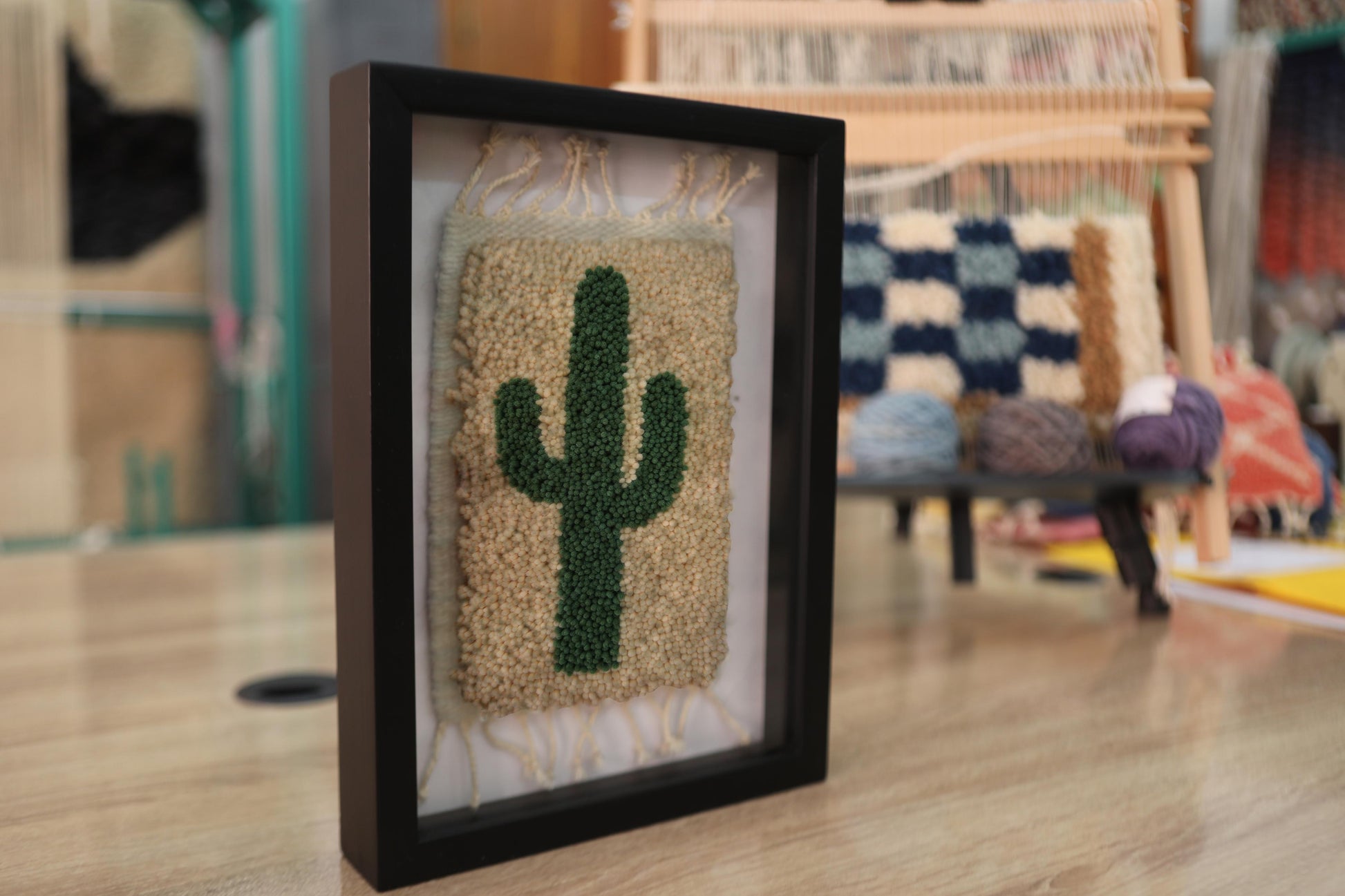 moroccan rug, cactus rug, cactus wall art, hand-knotted wool, beige and green rug, mini framed rug, cactus decor, artisan moroccan textile, bohemian wall art, moroccan knot by knot rug, desert-inspired decor
