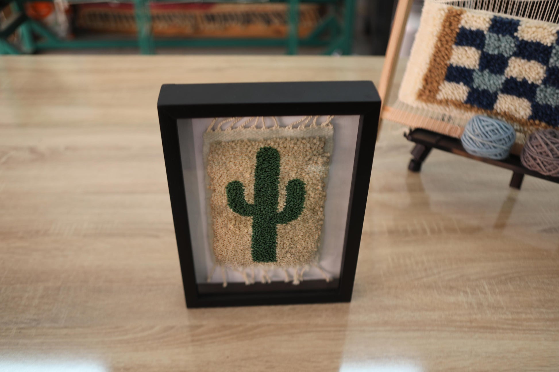 moroccan rug, cactus rug, cactus wall art, hand-knotted wool, beige and green rug, mini framed rug, cactus decor, artisan moroccan textile, bohemian wall art, moroccan knot by knot rug, desert-inspired decor
