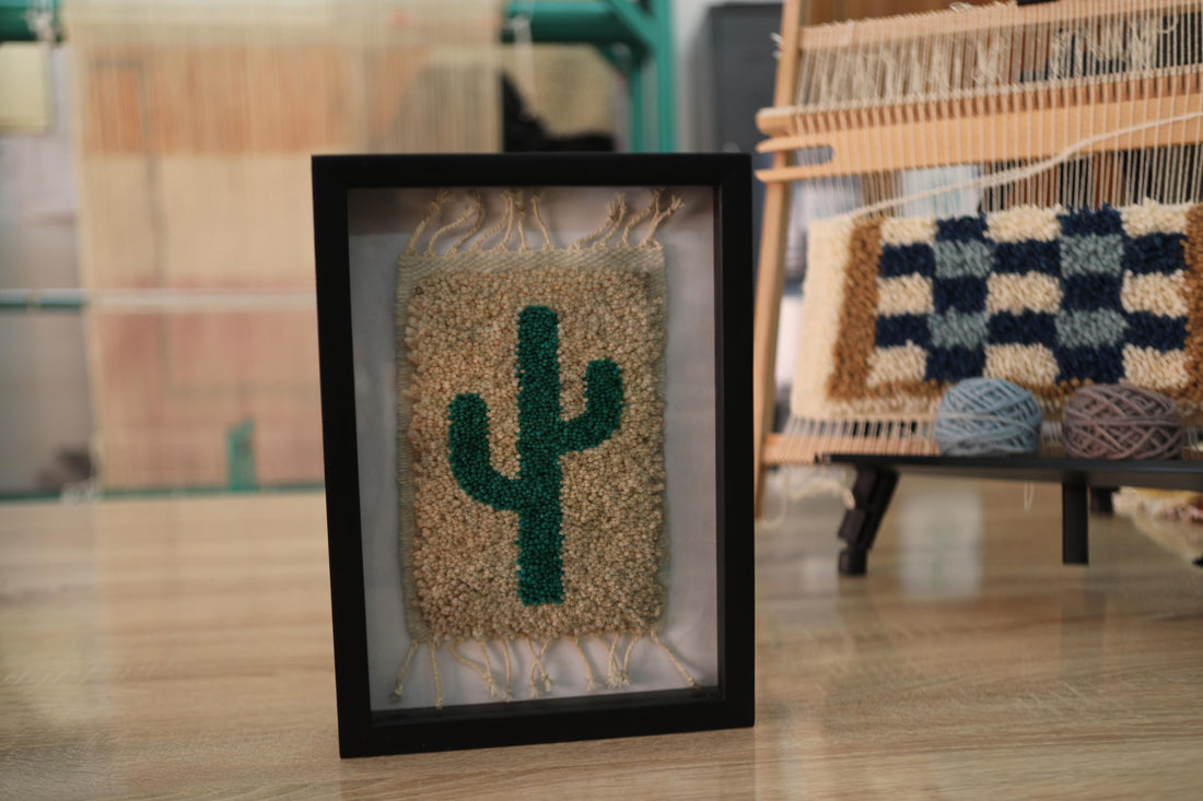 moroccan rug, cactus rug art, framed mini rug, green cactus wall hanging, desert style textile, boho decor, hand knotted wool rug, cactus woven art, moroccan cactus tapestry, wool cactus wall art
