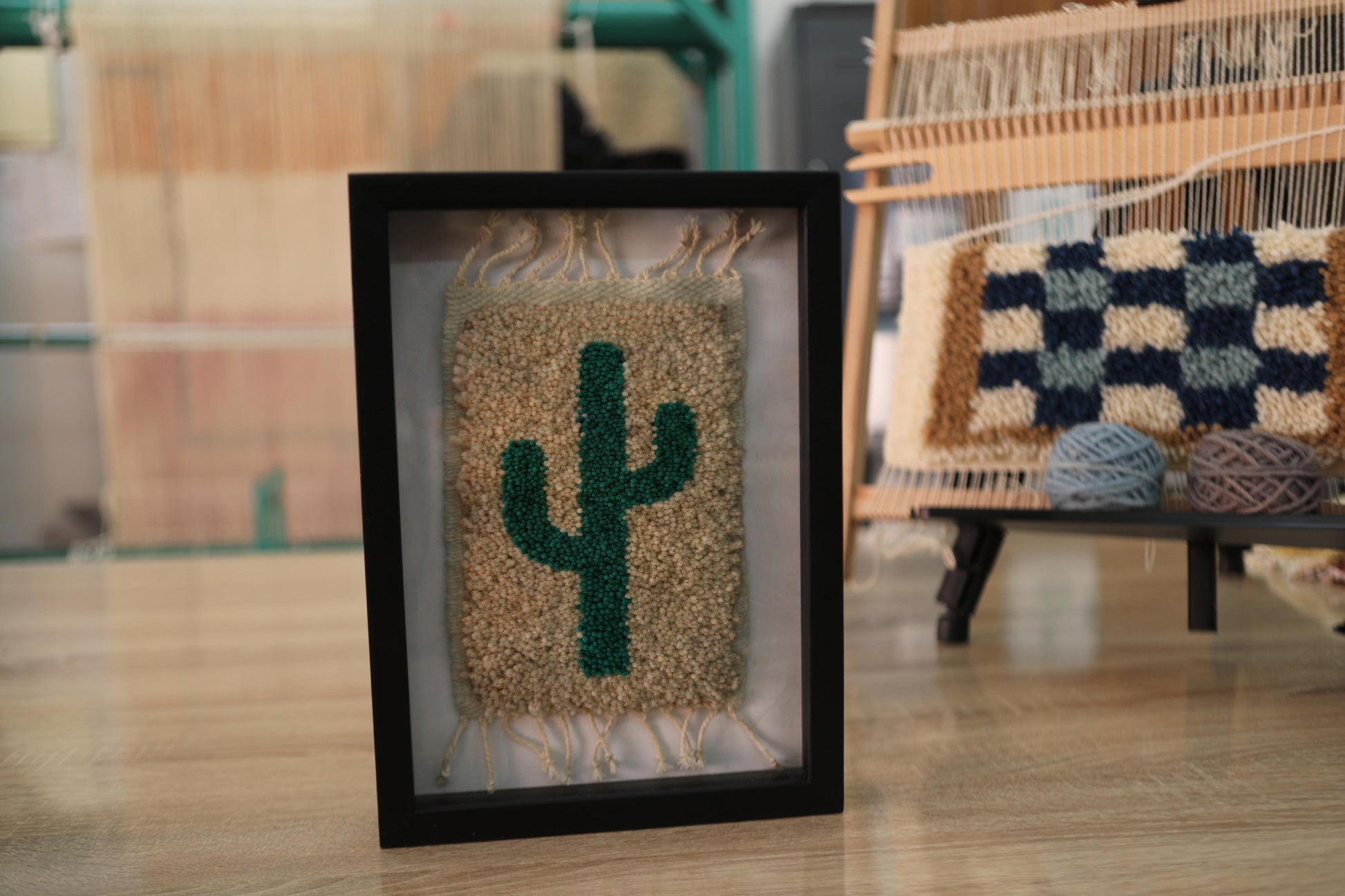 moroccan rug, cactus rug art, framed mini rug, green cactus wall hanging, desert style textile, boho decor, hand knotted wool rug, cactus woven art, moroccan cactus tapestry, wool cactus wall art
