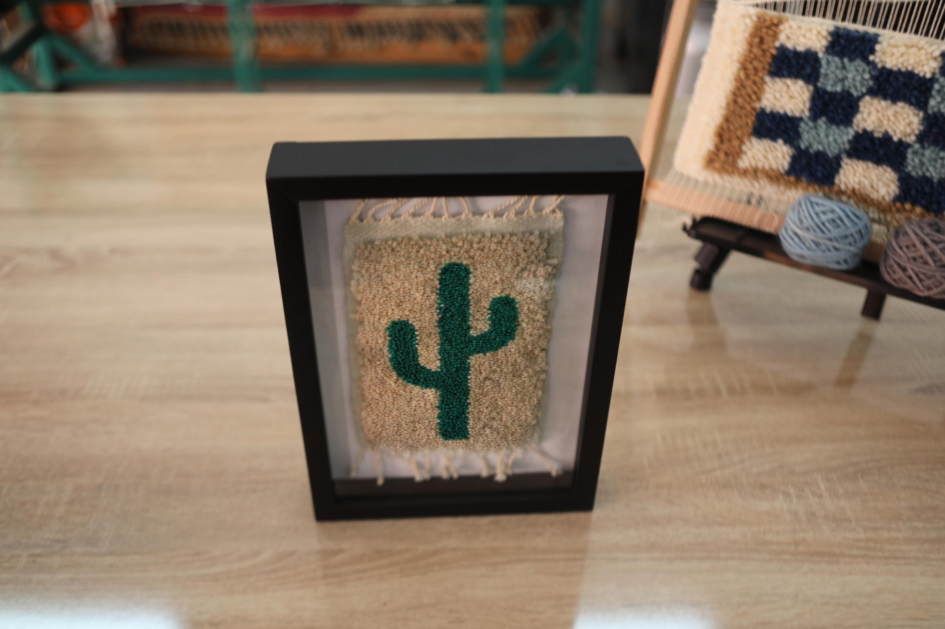 moroccan rug, cactus rug art, framed mini rug, green cactus wall hanging, desert style textile, boho decor, hand knotted wool rug, cactus woven art, moroccan cactus tapestry, wool cactus wall art
