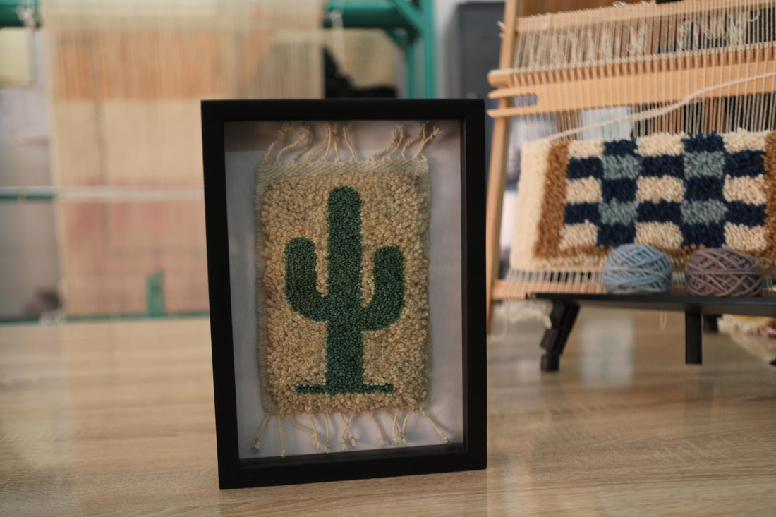 moroccan rug, cactus wall art, green cactus decor, desert style textile, handmade cactus rug, wool wall hanging, framed cactus rug, small moroccan tapestry, knot by knot weaving, wool art, desert plant motif
