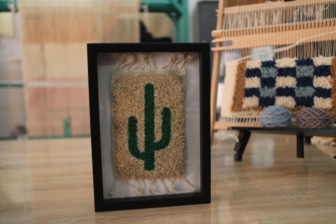 moroccan rug, cactus wall art, green cactus motif, hand-knotted wool, beige wool rug, framed mini rug, artisan moroccan textile, knot by knot rug, wool wall hanging, boho decor, cactus woven wall piece