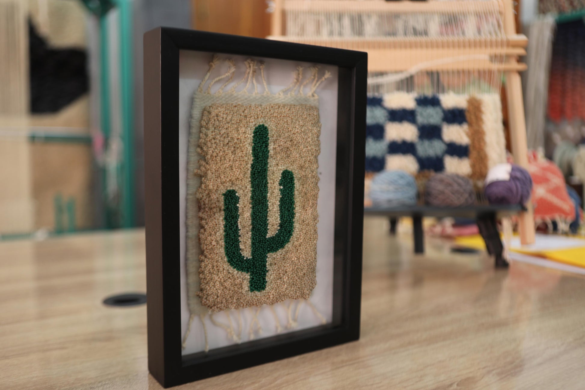 moroccan rug, cactus wall art, green cactus motif, hand-knotted wool, beige wool rug, framed mini rug, artisan moroccan textile, knot by knot rug, wool wall hanging, boho decor, cactus woven wall piece
