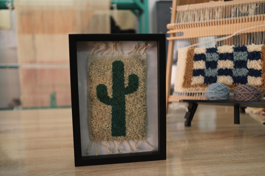 moroccan rug, cactus wall art, minimalist cactus decor, hand knotted mini rug, green cactus tapestry, wool cactus rug, modern moroccan rug, cactus framed textile, cactus wall hanging, desert cactus wool art
