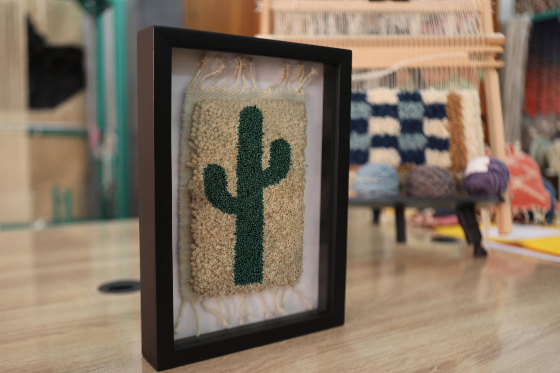 moroccan rug, cactus wall art, minimalist cactus decor, hand knotted mini rug, green cactus tapestry, wool cactus rug, modern moroccan rug, cactus framed textile, cactus wall hanging, desert cactus wool art
