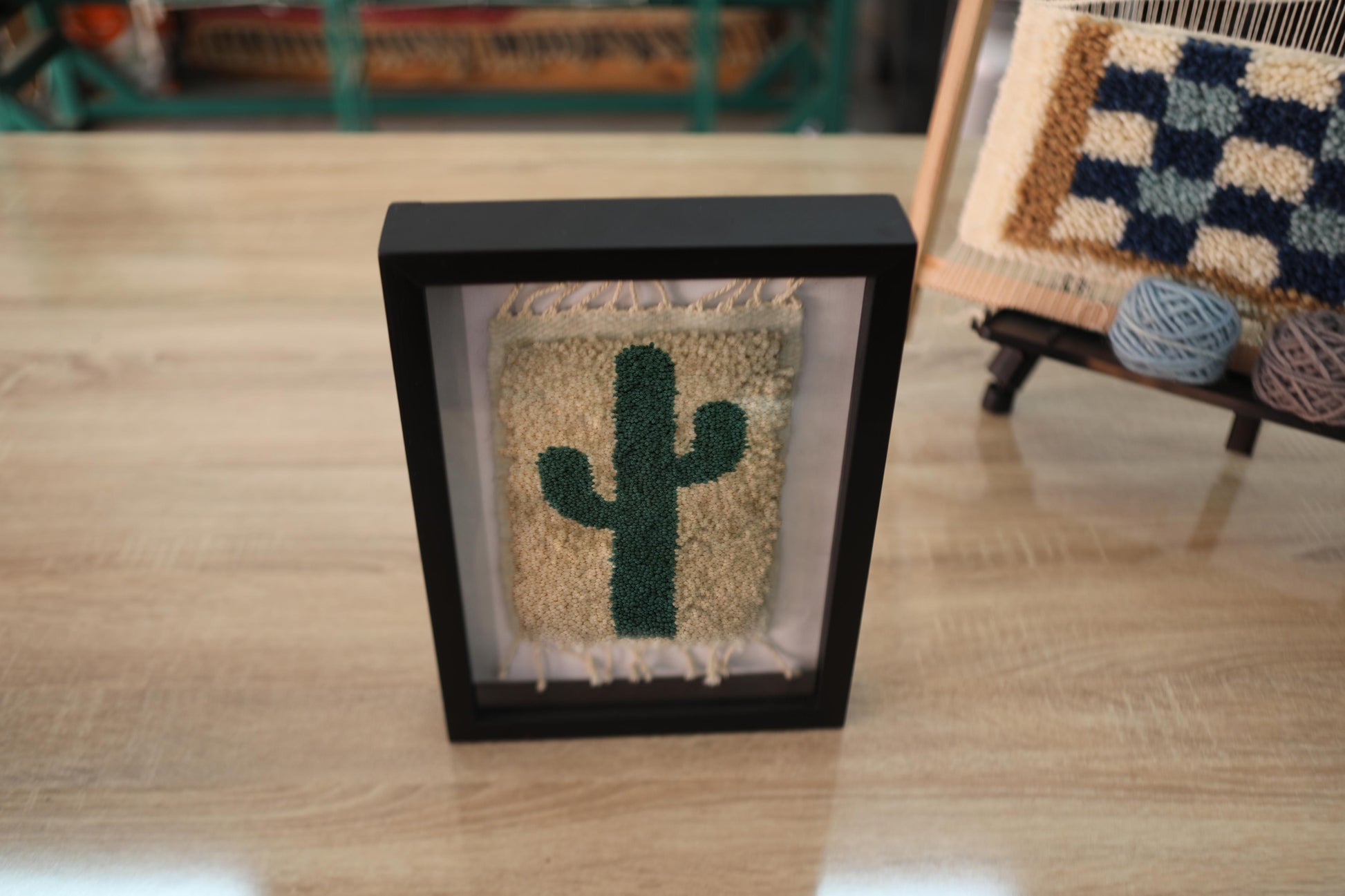moroccan rug, cactus wall art, minimalist cactus decor, hand knotted mini rug, green cactus tapestry, wool cactus rug, modern moroccan rug, cactus framed textile, cactus wall hanging, desert cactus wool art
