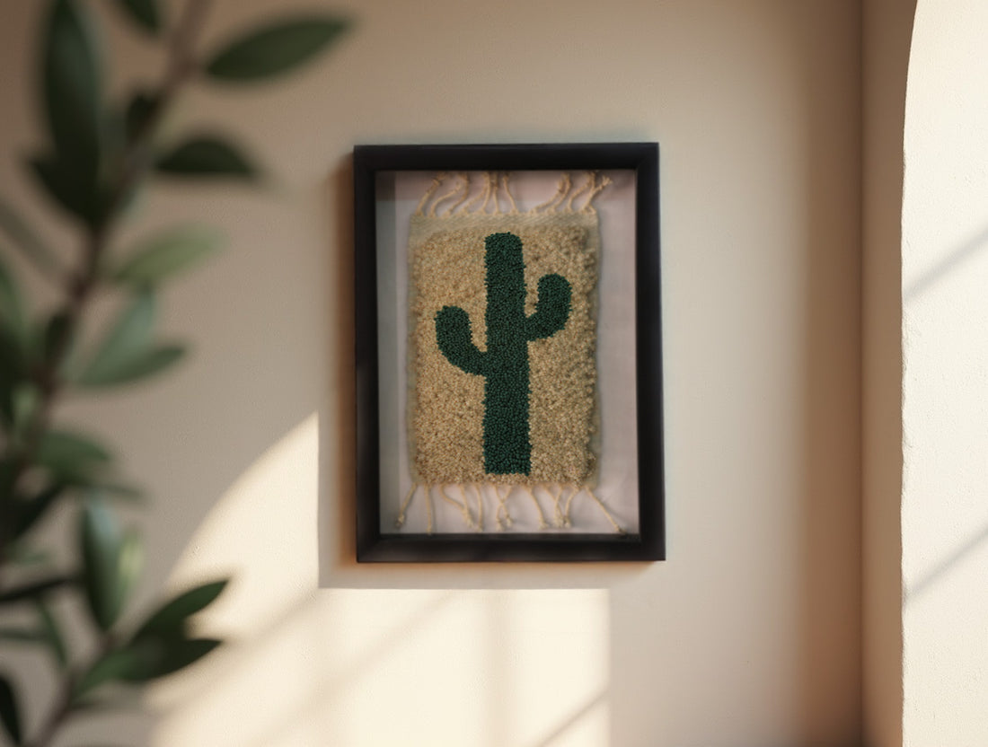 moroccan rug, cactus wall art, minimalist cactus decor, hand knotted mini rug, green cactus tapestry, wool cactus rug, modern moroccan rug, cactus framed textile, cactus wall hanging, desert cactus wool art
