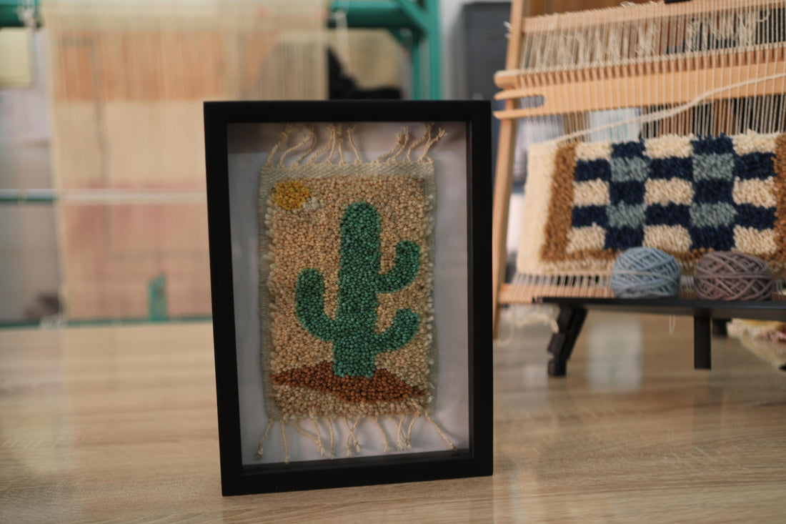 moroccan rug, cactus wall art, sun desert textile, mini cactus tapestry, moroccan cactus rug, hand knotted wool decor, desert wall art, cactus embroidery framed, green cactus design, handmade cactus rug
