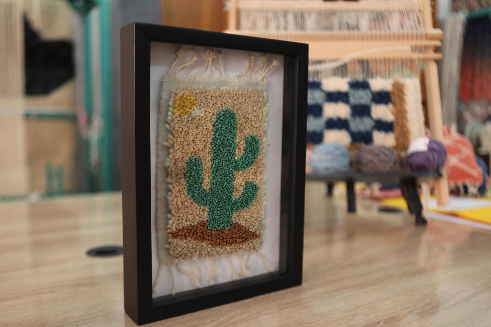 moroccan rug, cactus wall art, sun desert textile, mini cactus tapestry, moroccan cactus rug, hand knotted wool decor, desert wall art, cactus embroidery framed, green cactus design, handmade cactus rug
