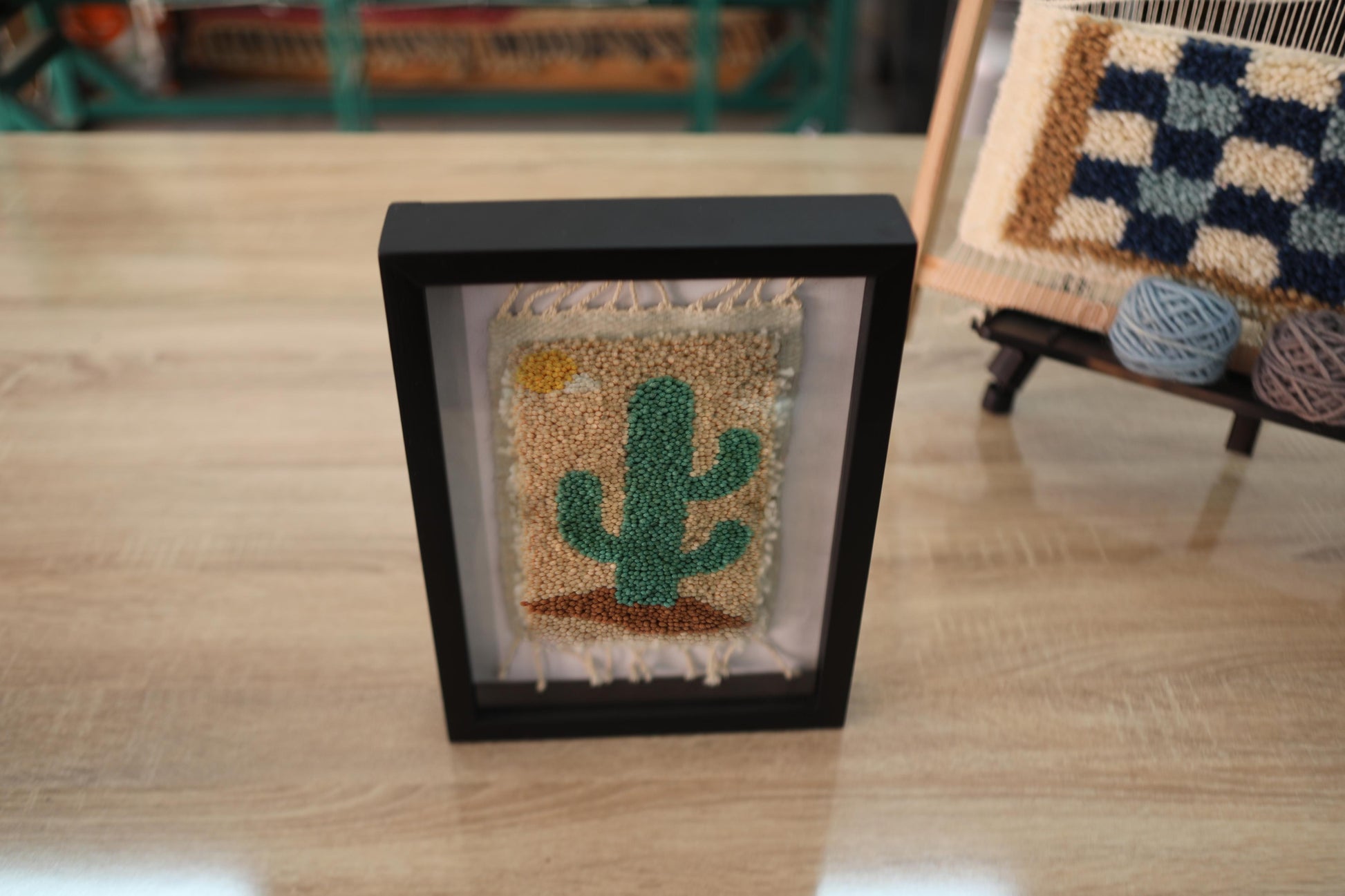 moroccan rug, cactus wall art, sun desert textile, mini cactus tapestry, moroccan cactus rug, hand knotted wool decor, desert wall art, cactus embroidery framed, green cactus design, handmade cactus rug

