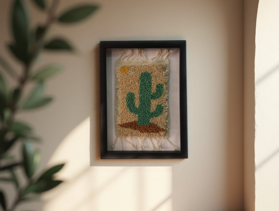 moroccan rug, cactus wall art, sun desert textile, mini cactus tapestry, moroccan cactus rug, hand knotted wool decor, desert wall art, cactus embroidery framed, green cactus design, handmade cactus rug
