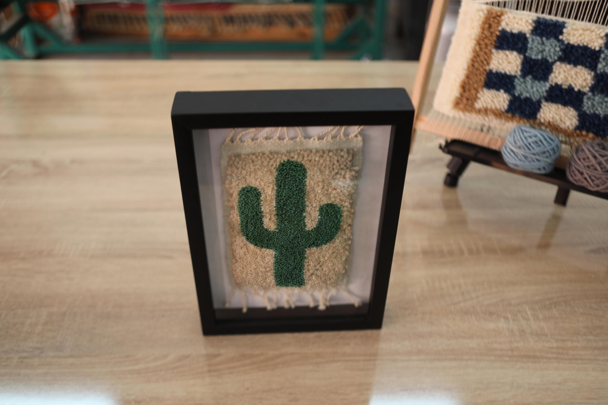 moroccan rug, cactus wall decor, green cactus art, hand knotted wool rug, mini framed cactus rug, desert wall tapestry, boho cactus home decor, cactus textile art, moroccan handmade rug, small cactus wall hanging
