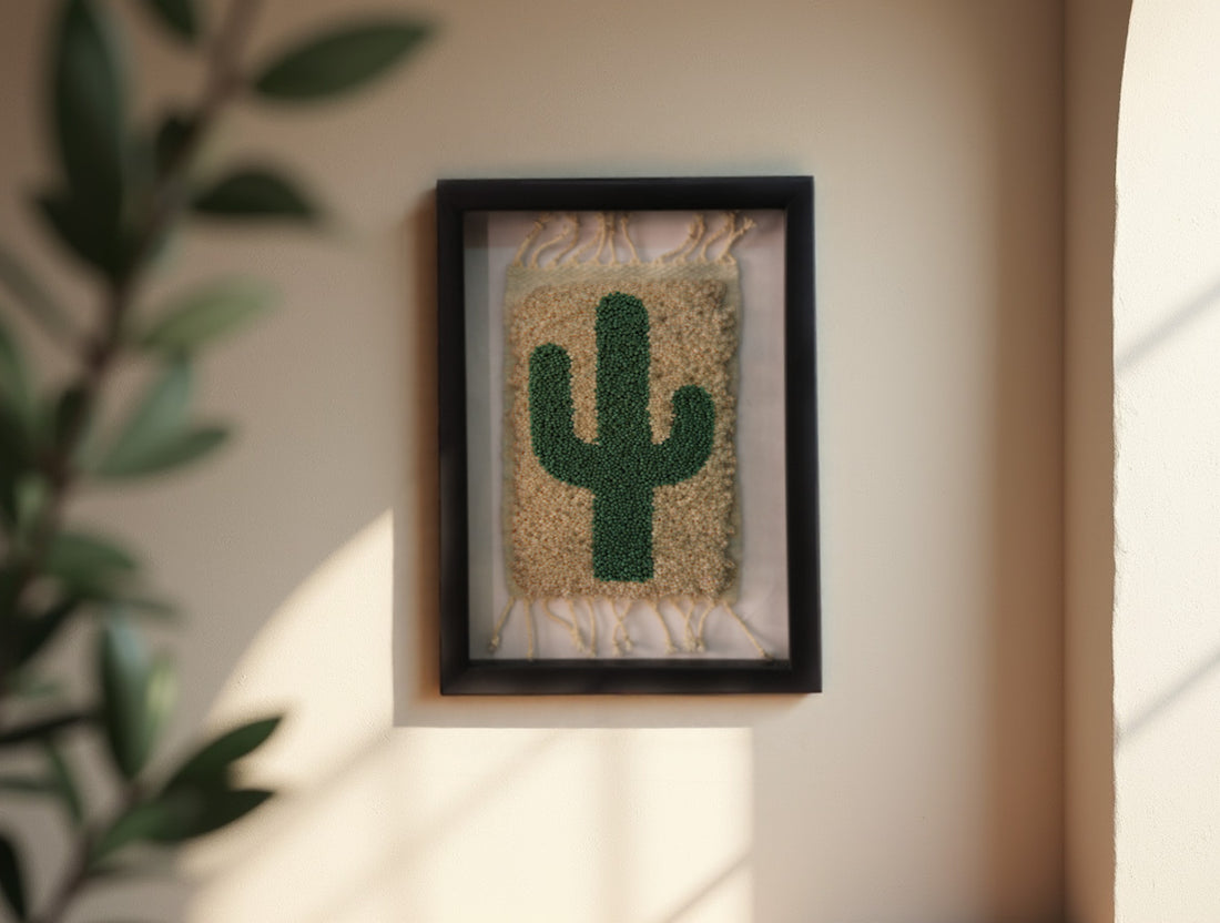 moroccan rug, cactus wall decor, green cactus art, hand knotted wool rug, mini framed cactus rug, desert wall tapestry, boho cactus home decor, cactus textile art, moroccan handmade rug, small cactus wall hanging
