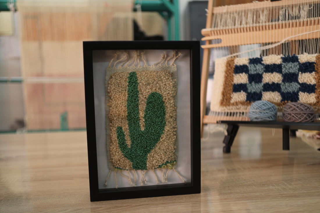 moroccan rug, cactus wall decor, green cactus art, handmade cactus rug, desert motif textile, framed mini rug, moroccan wall art, hand-knotted wool, cactus design, knot by knot rug, beige and green wall piece
