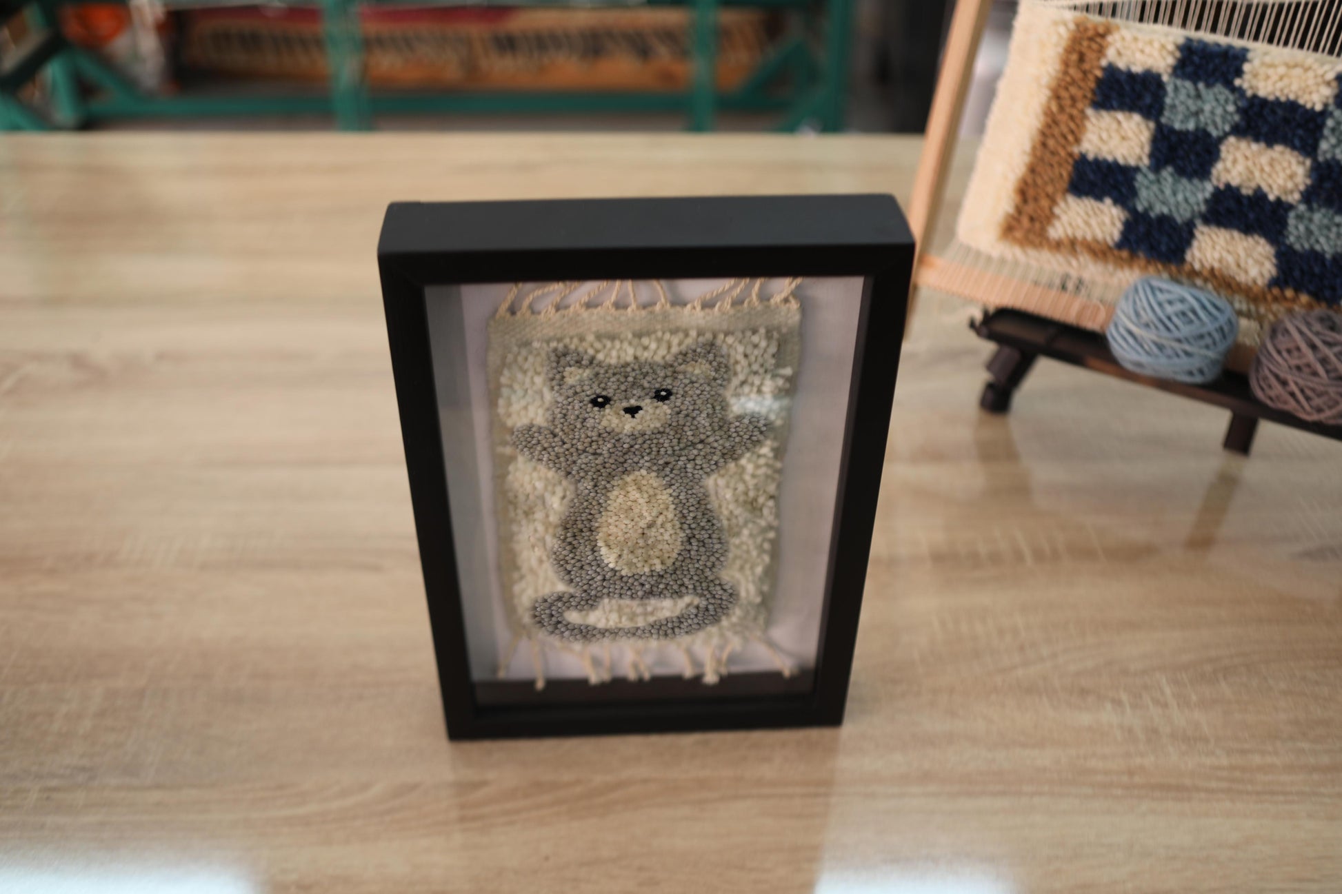 moroccan rug, cat wall art, hand knotted rug, wool tapestry, framed cat decor, knot by knot rug, moroccan textile wall hanging, 25x31 cm cat rug, handmade cat tapestry, nursery wall decor
