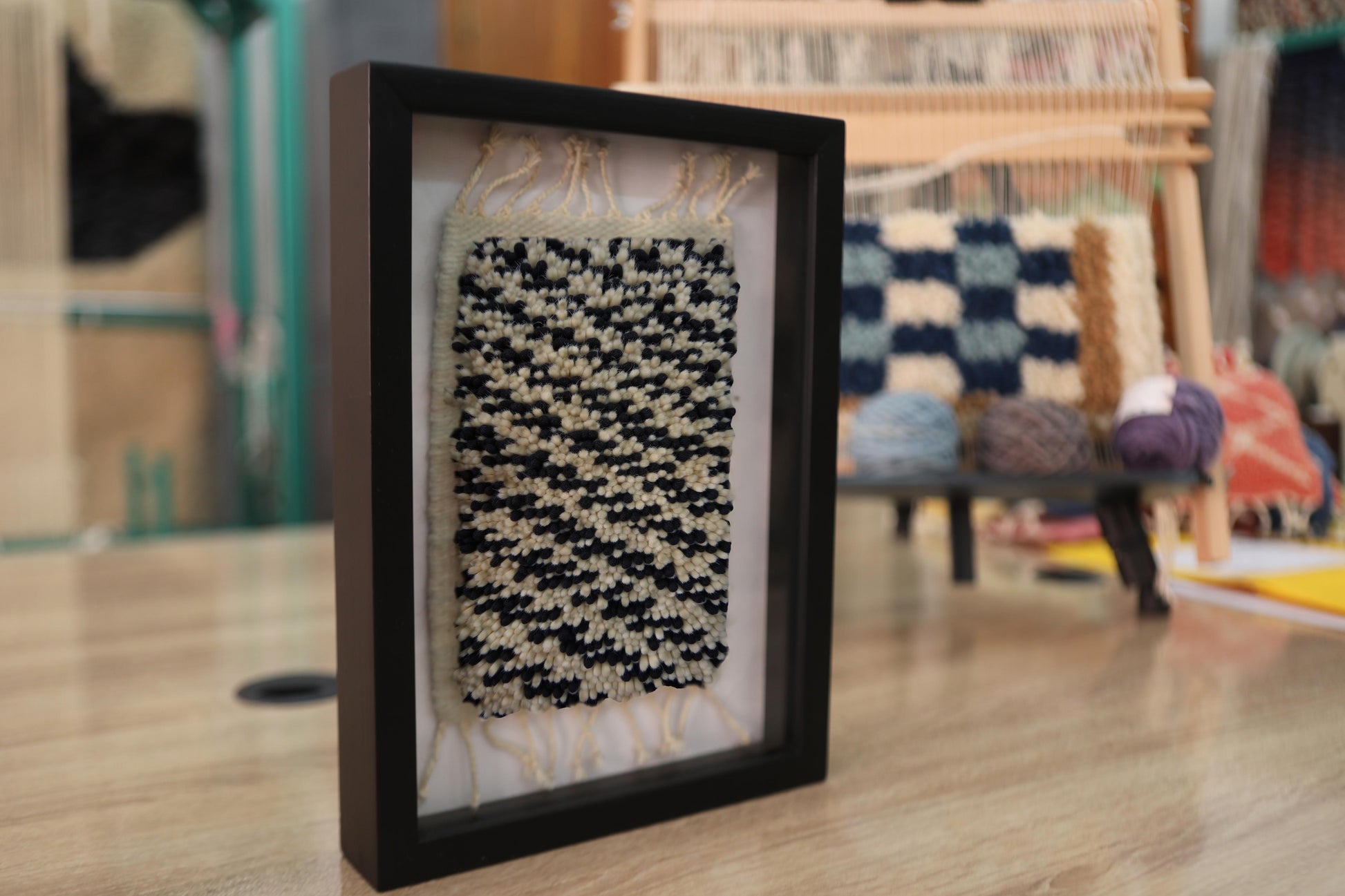 moroccan rug, checkered rug, black ivory wall art, wool textile frame, handmade rug art, moroccan decor, mini wall tapestry, artisan rug decor, knot by knot rug
