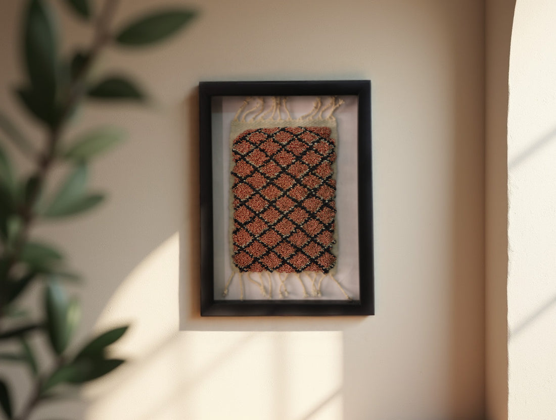 moroccan rug, coral and black rug, framed textile art, handmade moroccan rug, mini rug wall hanging, berber pattern, hand-knotted moroccan rug, artisan weaving, wool rug decor, knot by knot rug
