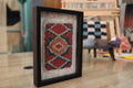 moroccan rug, coral turquoise wall decor, framed mini rug art, hand knotted wool textile, diamond pattern moroccan rug, tribal moroccan artwork, wool framed tapestry, knot by knot mini rug, small moroccan wall hanging
