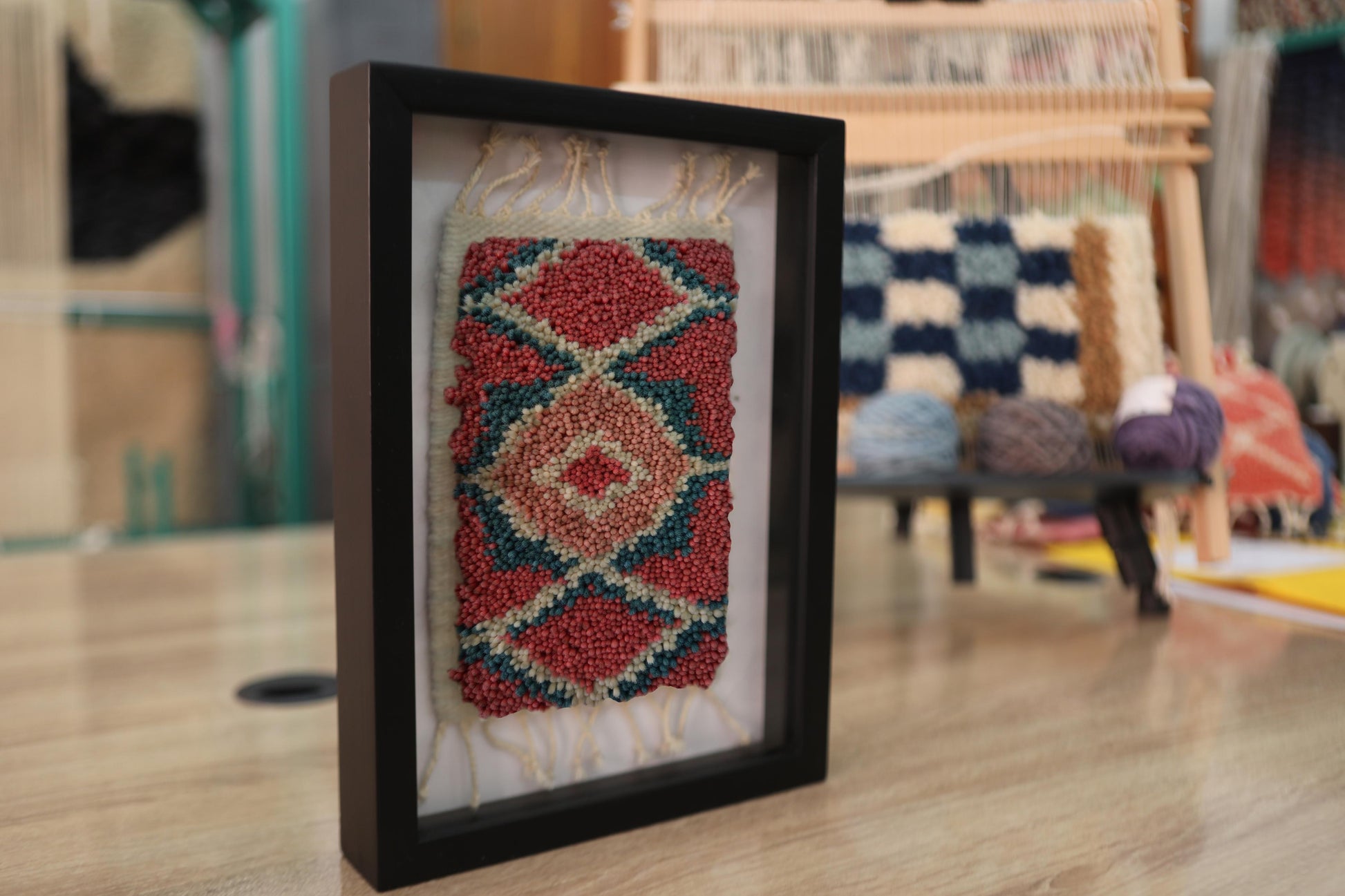 moroccan rug, coral turquoise wall decor, framed mini rug art, hand knotted wool textile, diamond pattern moroccan rug, tribal moroccan artwork, wool framed tapestry, knot by knot mini rug, small moroccan wall hanging
