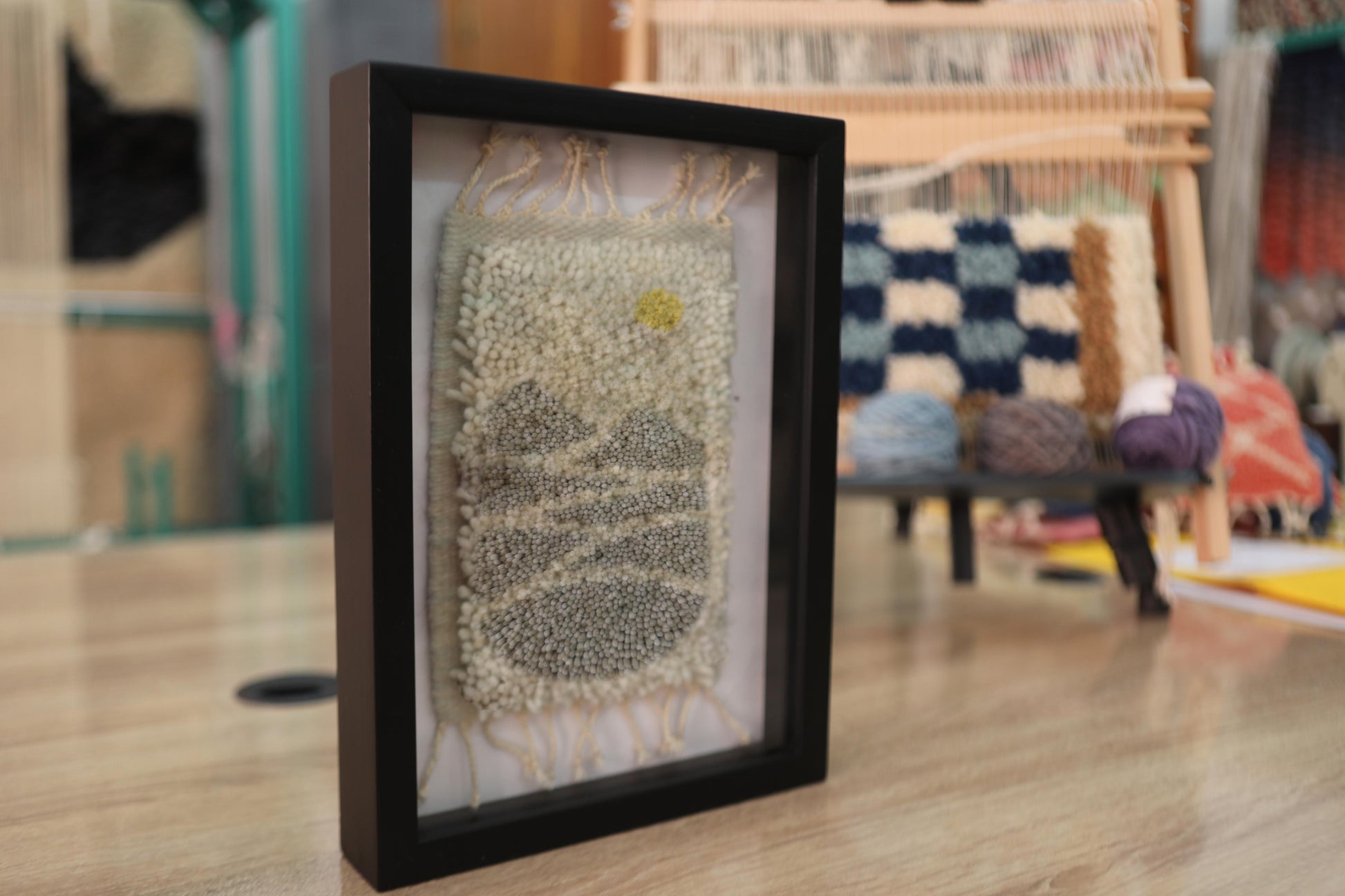 moroccan rug, desert landscape wall art, mini wool tapestry, hand knotted rug art, knot by knot moroccan rug, framed wool decor, boho desert textile, neutral earth tone art, wool mini wall hanging, 25x31 cm rug
