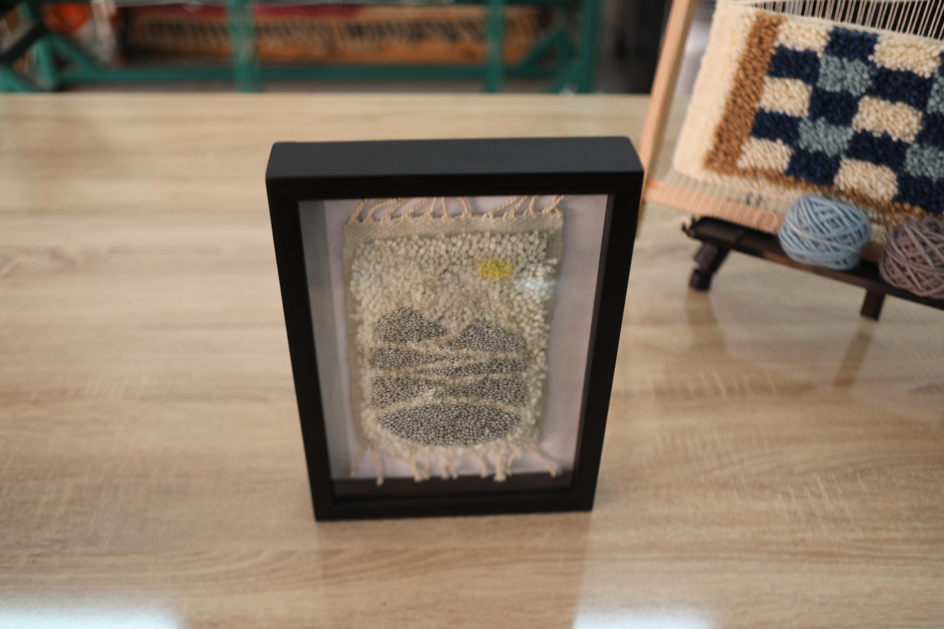 moroccan rug, desert landscape wall art, mini wool tapestry, hand knotted rug art, knot by knot moroccan rug, framed wool decor, boho desert textile, neutral earth tone art, wool mini wall hanging, 25x31 cm rug
